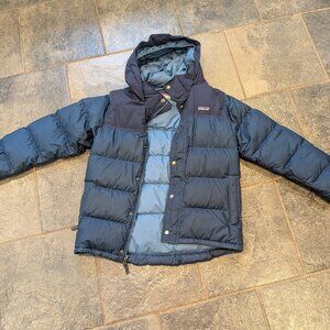 Patagonia Boys Blue Bivy Goose Down Zip Up Hooded Jacket Coat Puffer Medium 12
